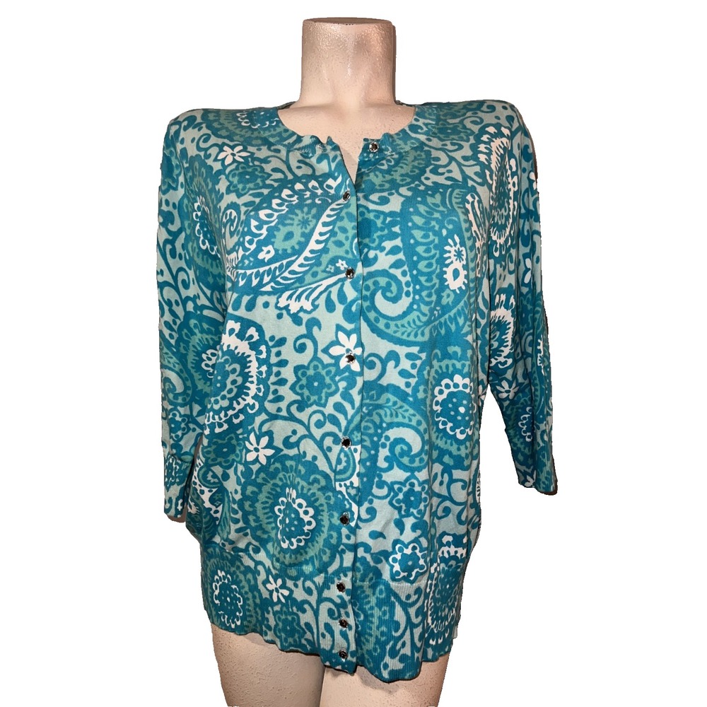 Sarah Spencer Woman Blue Paisley Floral Button Front Cardigan Sweater Size 2X
